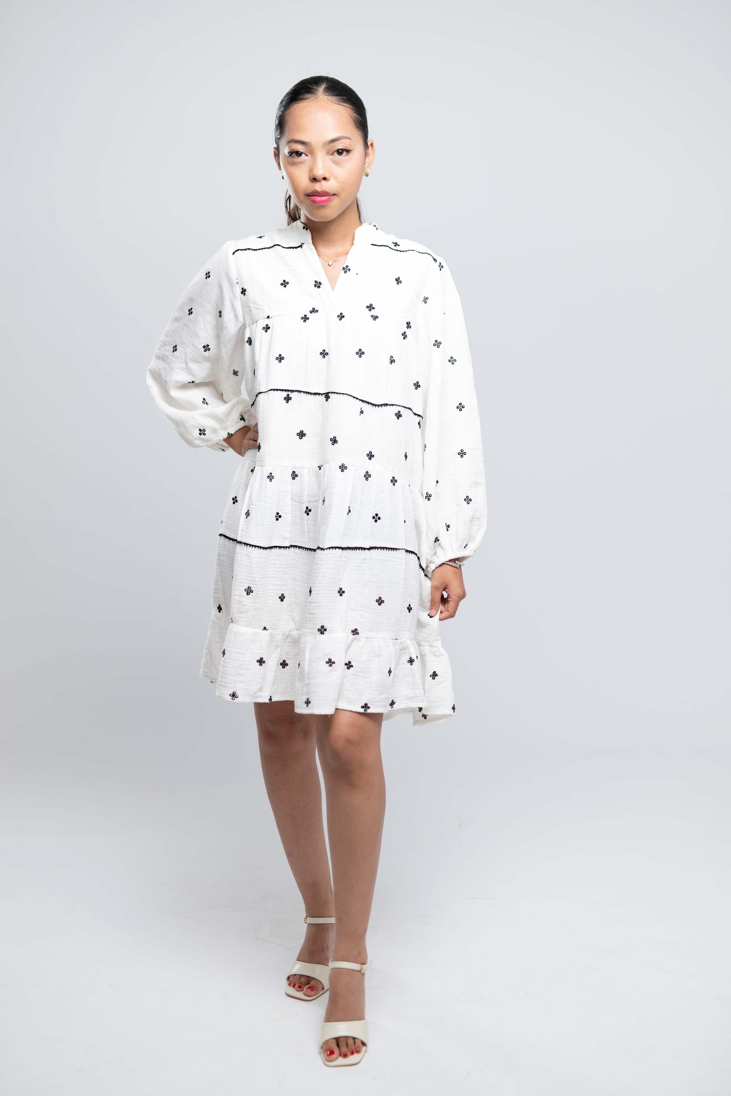 Signature Collection-Printed Mandarin Collar Bell Sleeves Tiered Shirt Dress