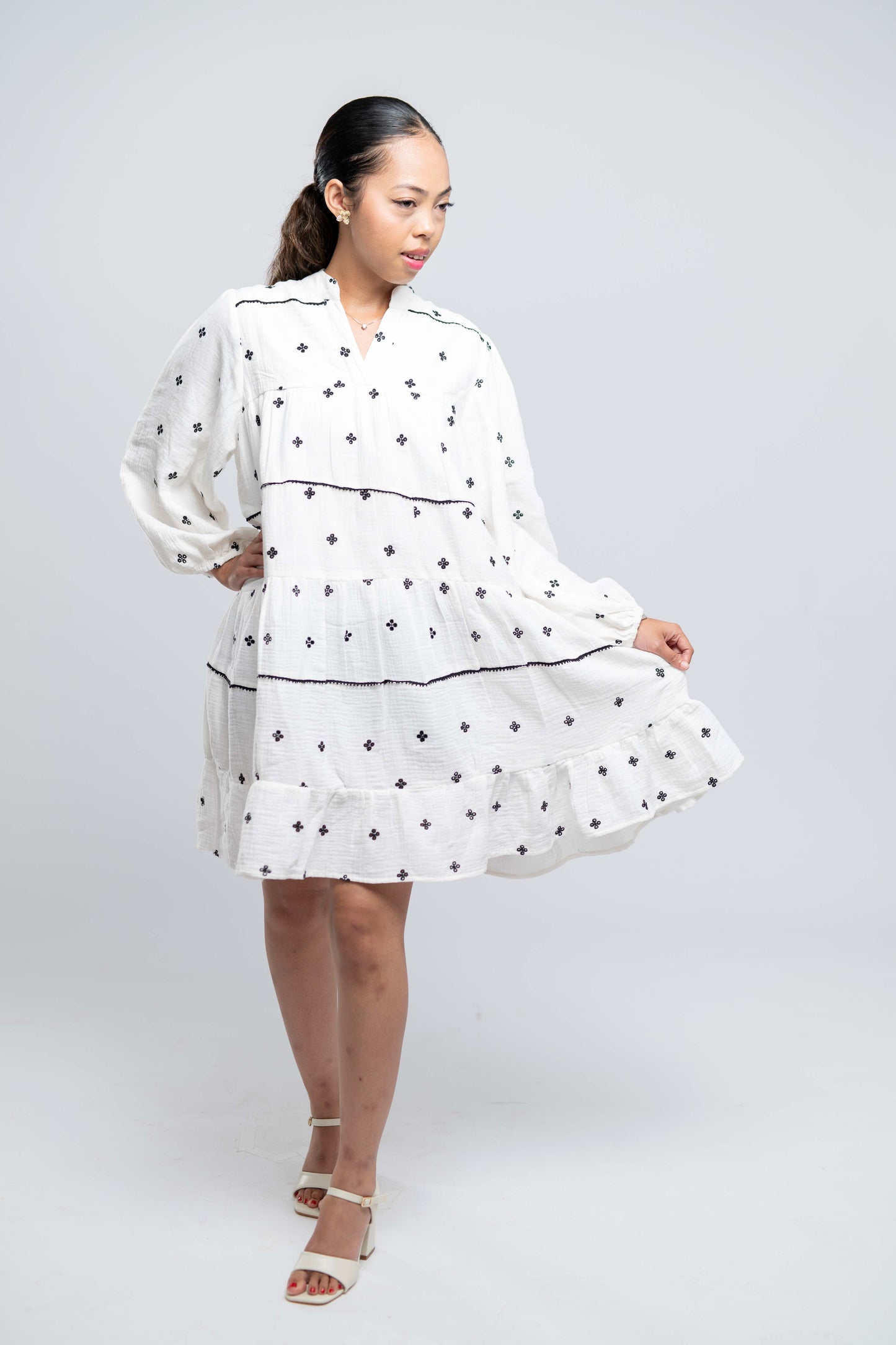 Signature Collection-Printed Mandarin Collar Bell Sleeves Tiered Shirt Dress