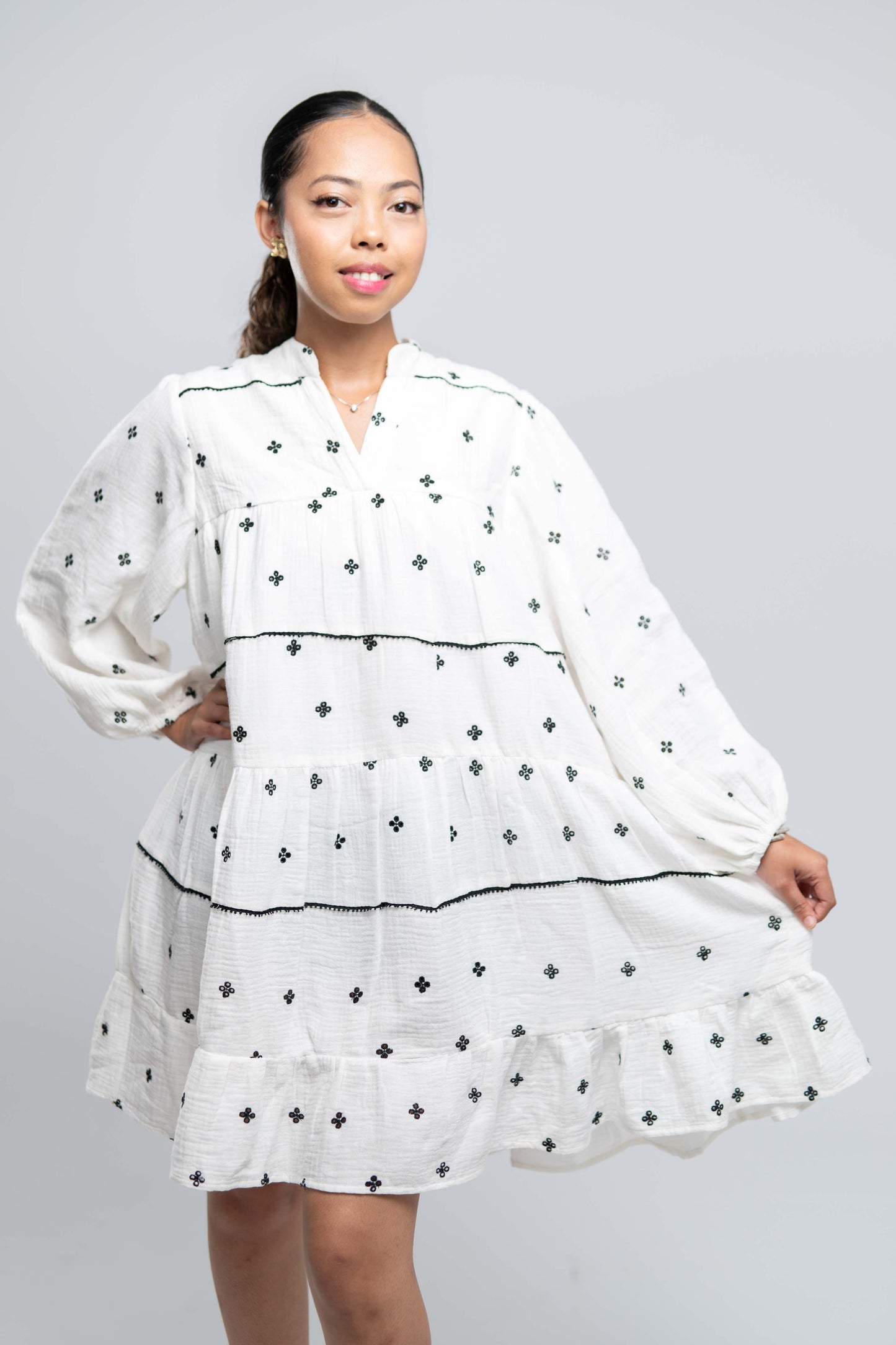 Signature Collection-Printed Mandarin Collar Bell Sleeves Tiered Shirt Dress